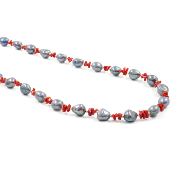 Necklace with pearl, coral, hematite, sterling sivler clasp – Rose Color