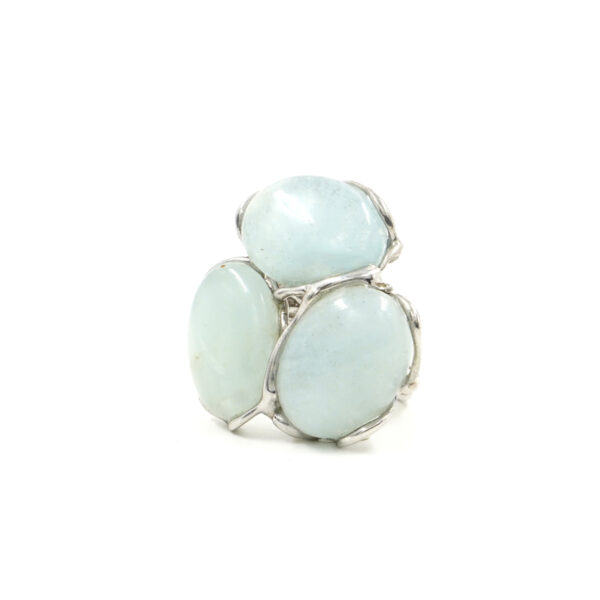 Sterling Silver Ring with three aquamarine cabochon - Rhodium Color