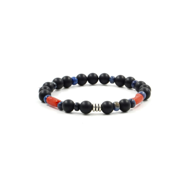 Elastic Bracelet with frosted black agate, dumortierite, coral, starling silver element