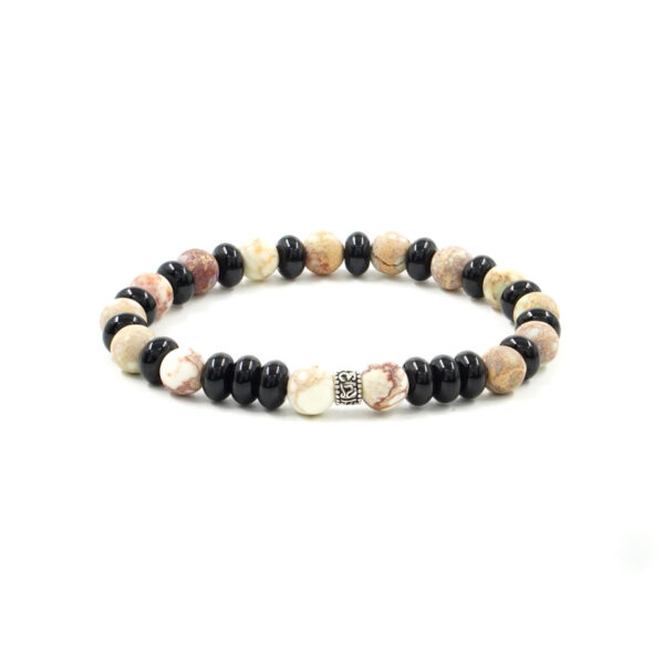 Elastic Bracelet with black agate, frosted white imperial jasper, starling silver element