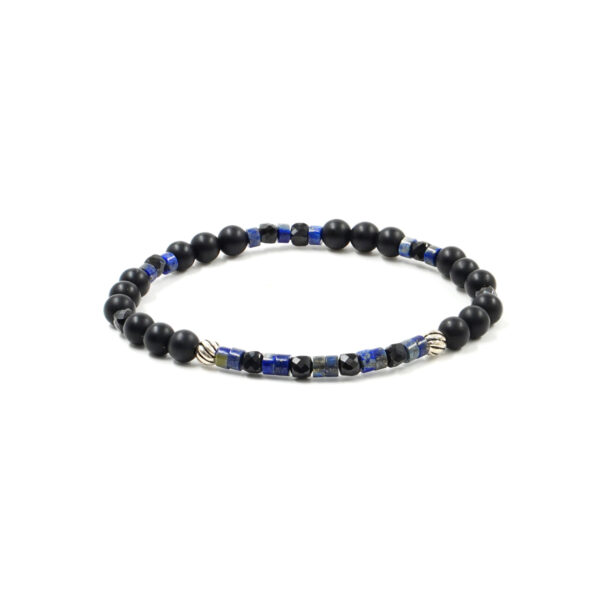 Elastic Bracelet with frosted black agate, black spinel, lapis, starling silver element