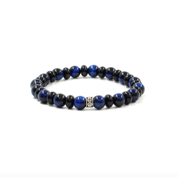 Elastic bracelet with blue tiger eye, black agate, sterling silver element