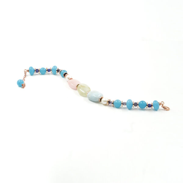 Bracelet with light blue sponge quartz, beryl, iolite, pearl, starling silver clasp – Rose Color