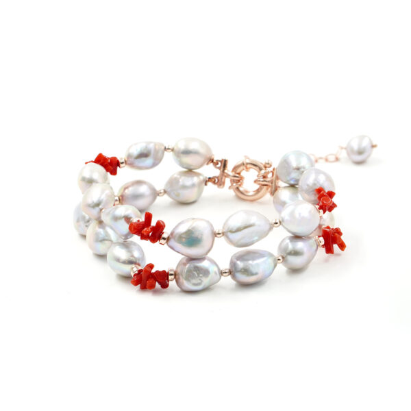 Multistrands Bracelet with grey pearl, coral, hematite, starling silver clasp – Rose Color
