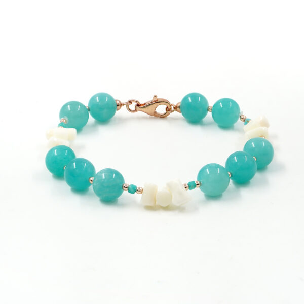 Bracelet with amazonite, white coral, hematite, sterling silver clasp - Rose Color