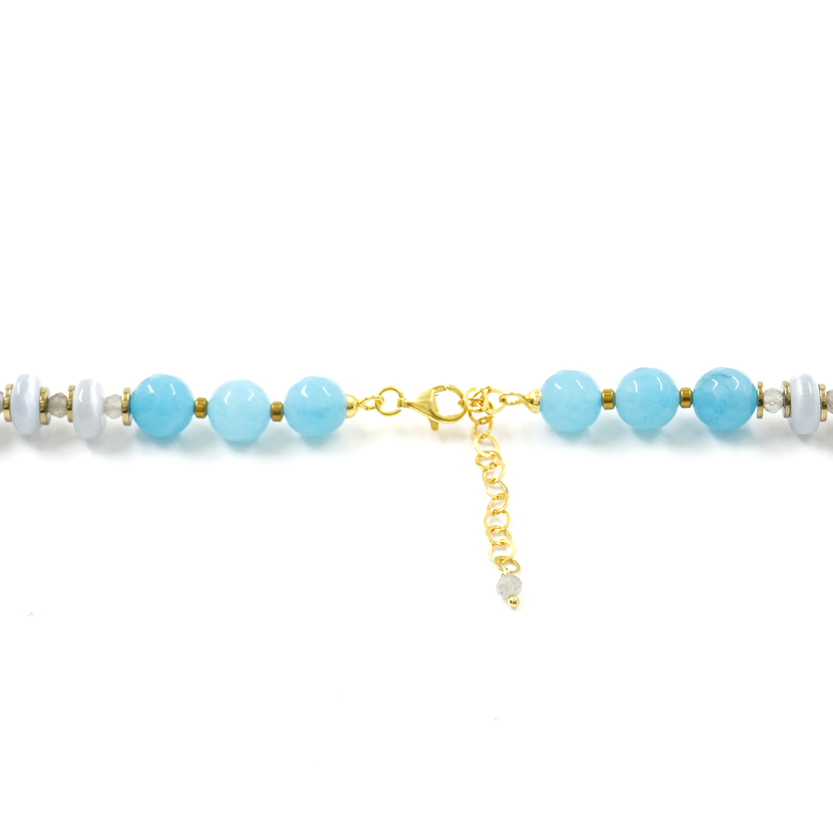 Collana con quarzo spugna azzurro, occhio di gatto, labradorite, ematite, chiusura in argento 925 - Dorato - immagine 4