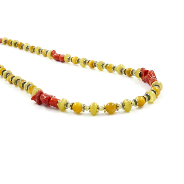 Necklace with golden tiger eye, cat eye, apatite, coral, hematite, sterling silver clasp - Golden Color