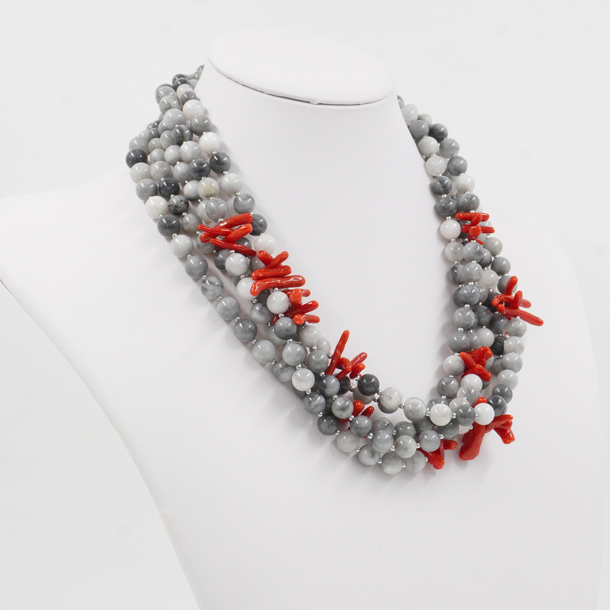 Collana Multifilo con occhio d'aquila, corallo, ematite, chiusura in argento 925 - Rodiato