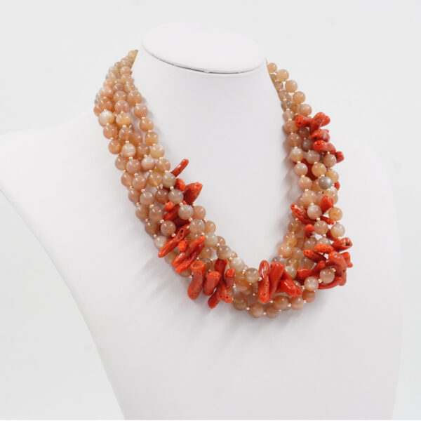 Multistrands Necklace with moonstone, coral, hematite, sterling silver clasp - Rose Color