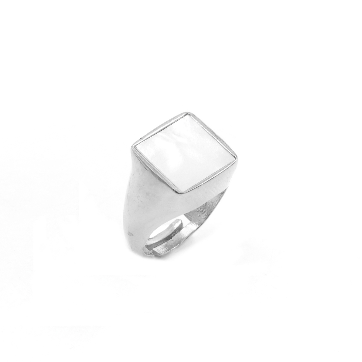 Sterling Silver Chevalier ring with square white mother of pearl – Rhodium Color