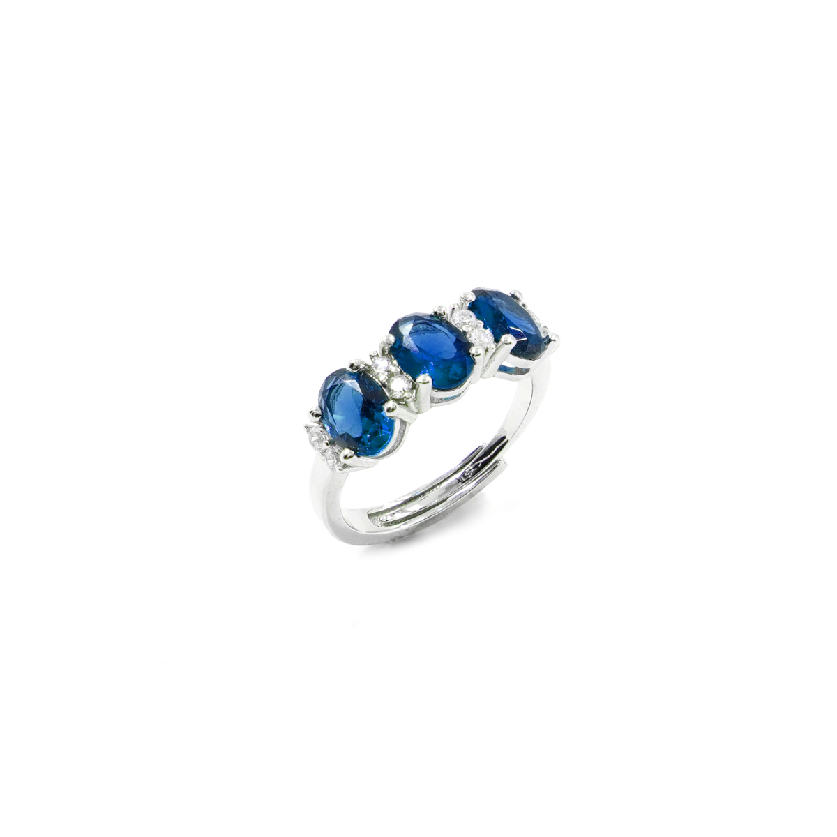 Sterling Silver Trilogy Ring with blue zircons oval shape and white zircons - Rhodium Color