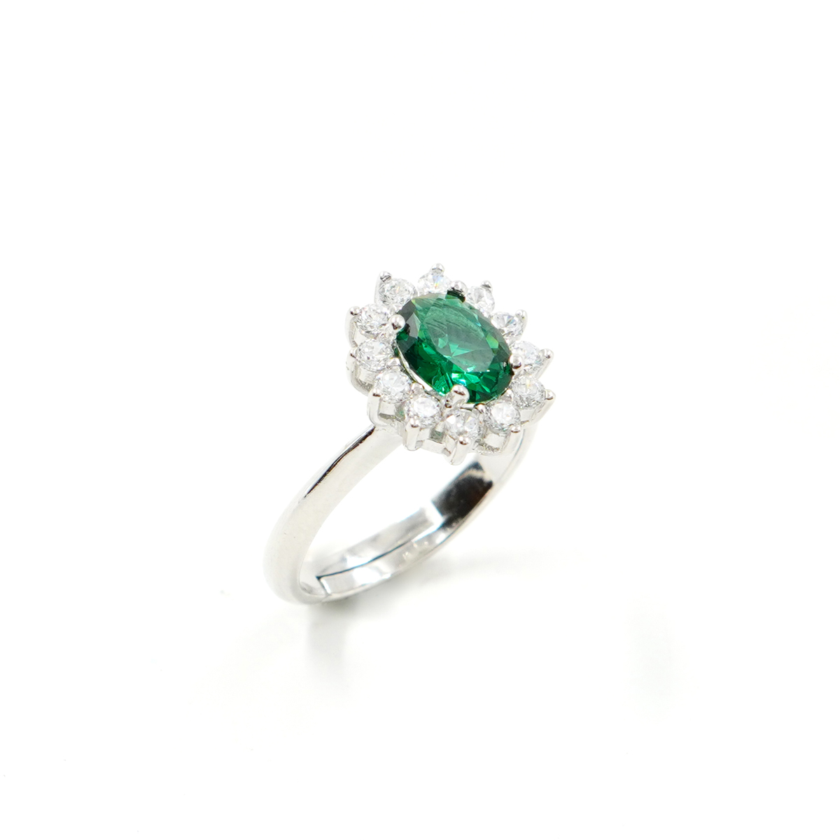 Sterling Silver halo ring with green oval zircons and white zircons - Rhodium Color