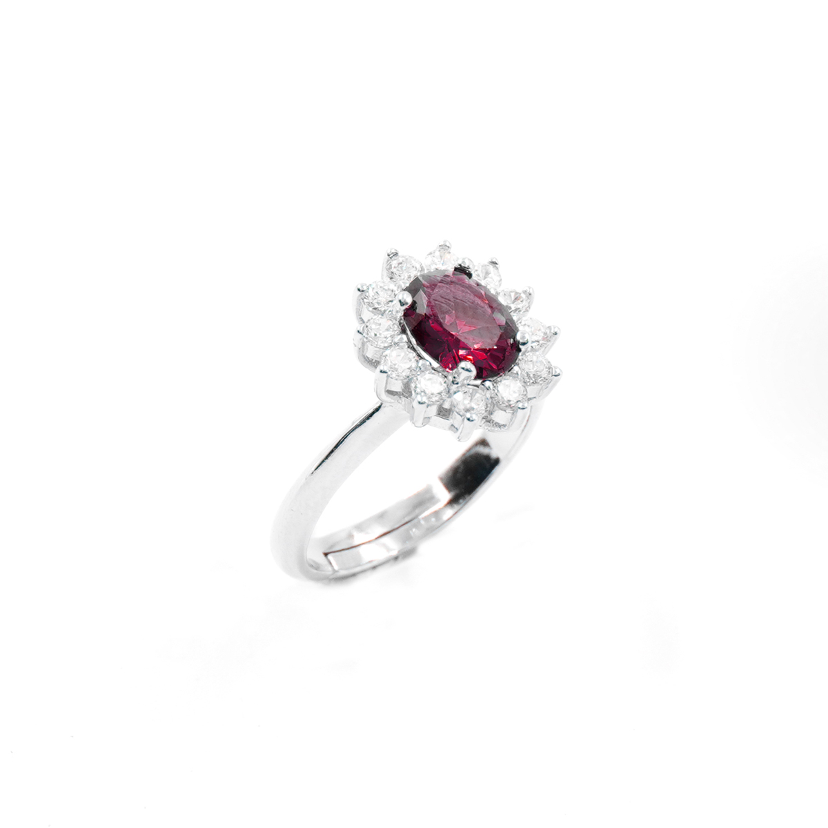 Sterling Silver halo ring with red oval zircons and white zircons - Rhodium Color
