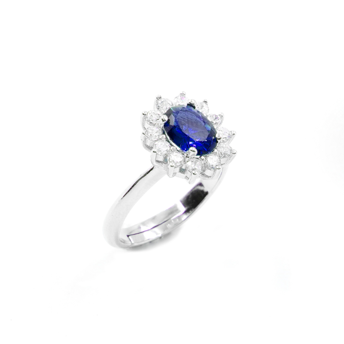Sterling Silver halo ring with blue oval zircons and white zircons - Rhodium Color