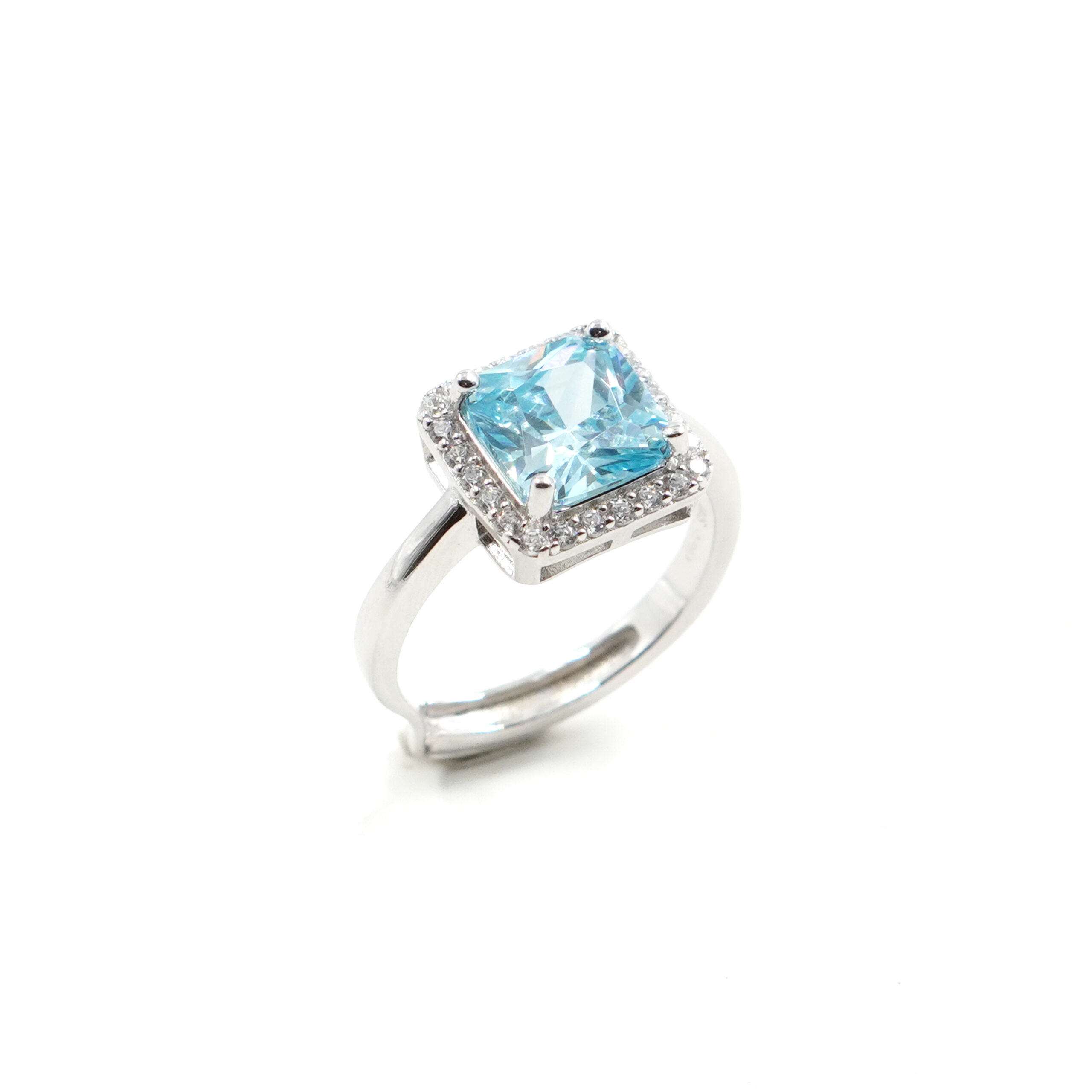 Anello in argento 925 con zircone ottagonale azzurro e giro di zirconi bianchi - Rodiato