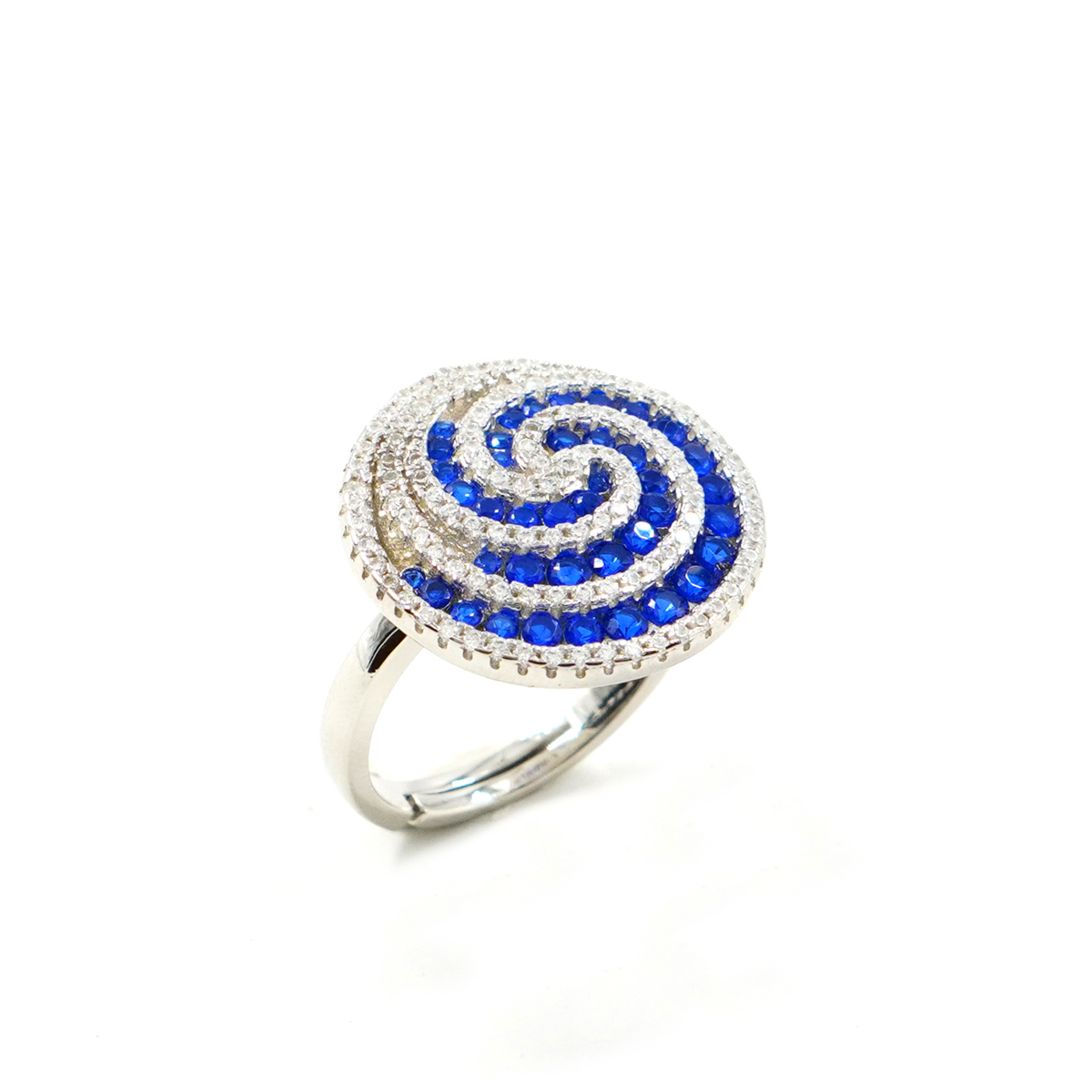 Sterling Silver Spiral ring with blue zircons and white zircons - Rhodium Color