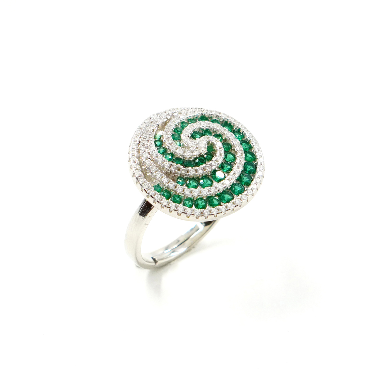 Sterling Silver Spiral ring with green zircons and white zircons - Rhodium Color