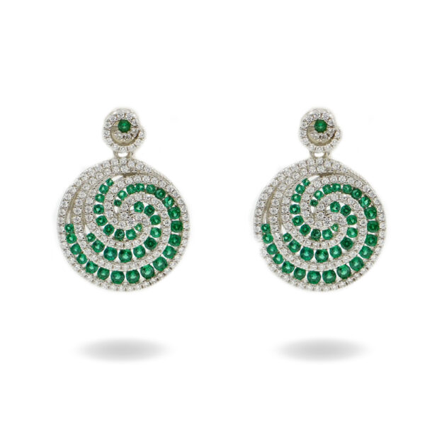 Sterling Silver Spiral earrings with green zircons and white zircons - Rhodium Color