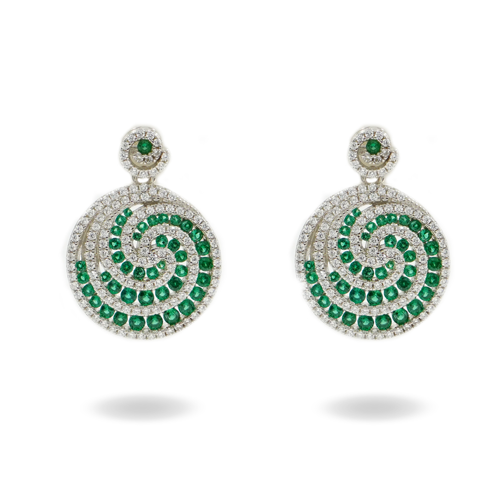 Sterling Silver Spiral earrings with green zircons and white zircons - Rhodium Color