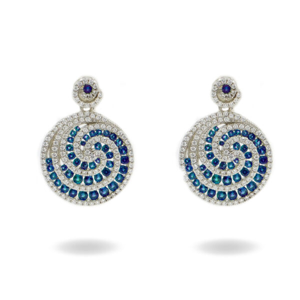 Sterling Silver Spiral earrings with blue zircons and white zircons - Rhodium Color