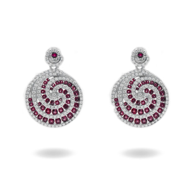 Sterling Silver Spiral earrings with red zircons and white zircons - Rhodium Color