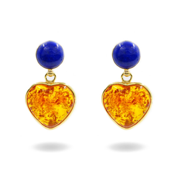 Sterling Silver Earrings with lapis lazuli and amber heart shape - Golden Color