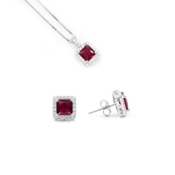 Sterling Silver halo model earrings and necklace with octagonal red zircon and white zircons – Rhodium Color