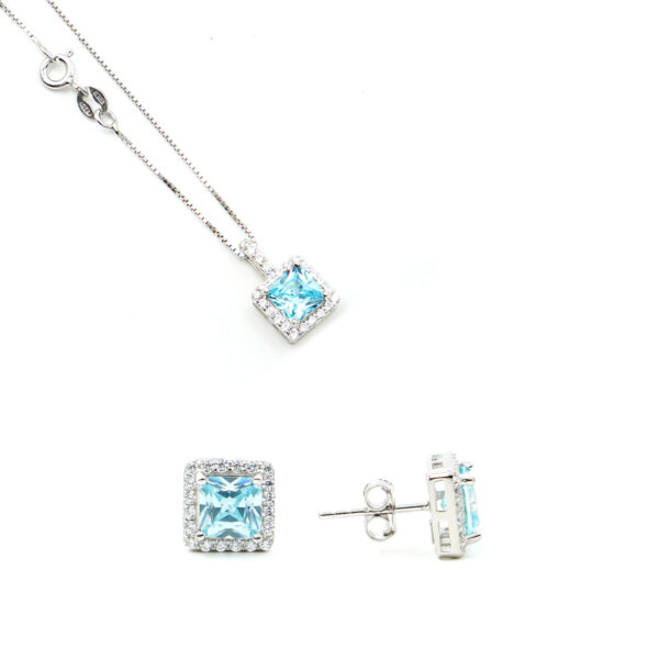 Sterling Silver halo model earrings and necklace with octagonal light blue zircon and white zircons – Rhodium Color