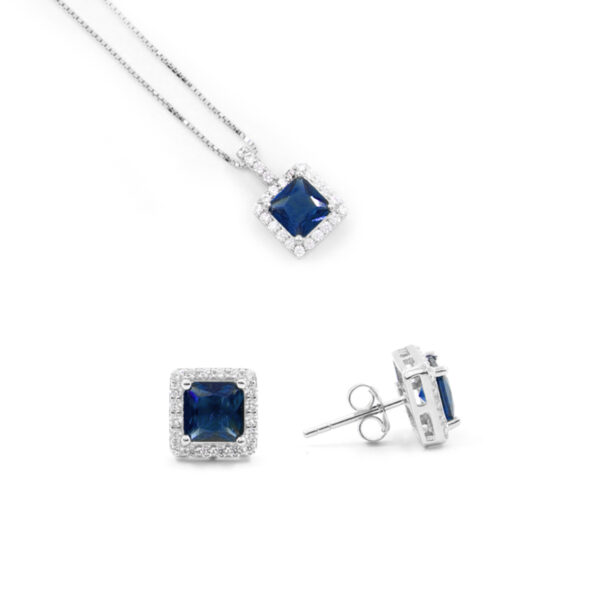 Sterling Silver halo model earrings and necklace with octagonal blue zircon and white zircons – Rhodium Color