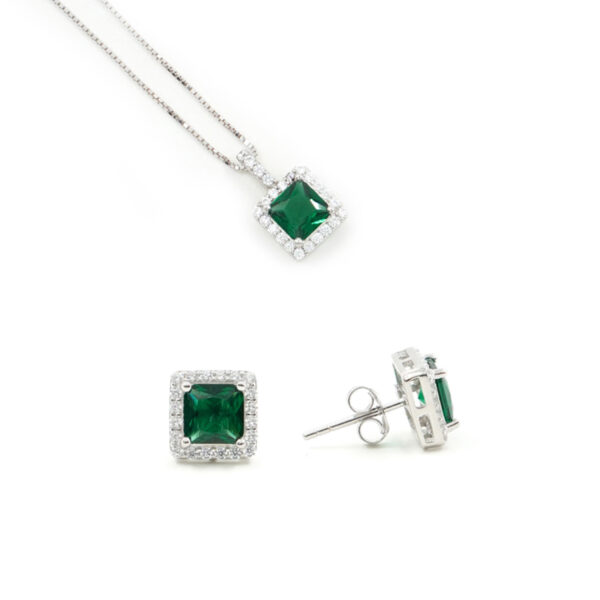 Sterling Silver halo model earrings and necklace with octagonal green zircon and white zircons – Rhodium Color