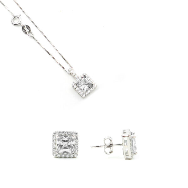 Sterling Silver halo model earrings and necklace with octagonal white zircon and white zircons – Rhodium Color