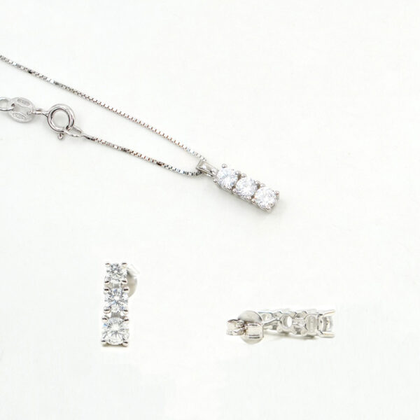 Sterling Silver trilogy model earrings and necklace with white zircons – Rhodium Color