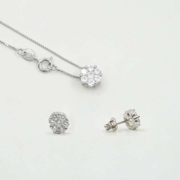 Sterling Silver earrings and necklace flower shape with white zircons – Rhodium Color