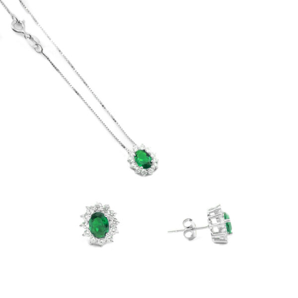 Sterling Silver halo model earrings and necklace with oval green zircon and white zircons – Rhodium Color