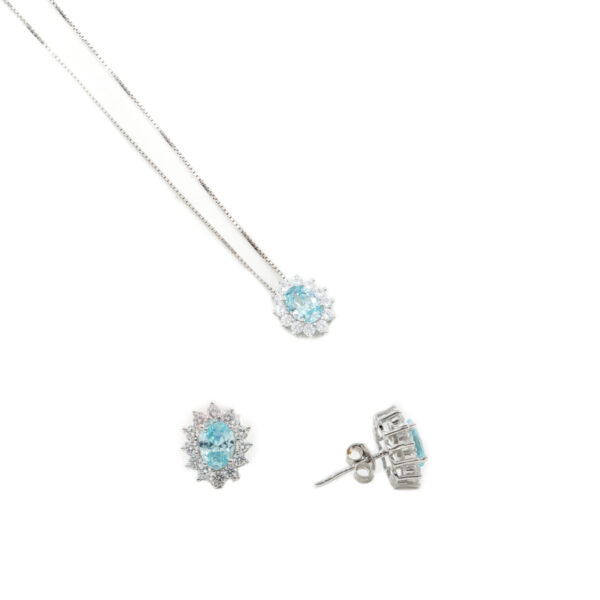 Sterling Silver halo model earrings and necklace with oval light blue zircon and white zircons – Rhodium Color