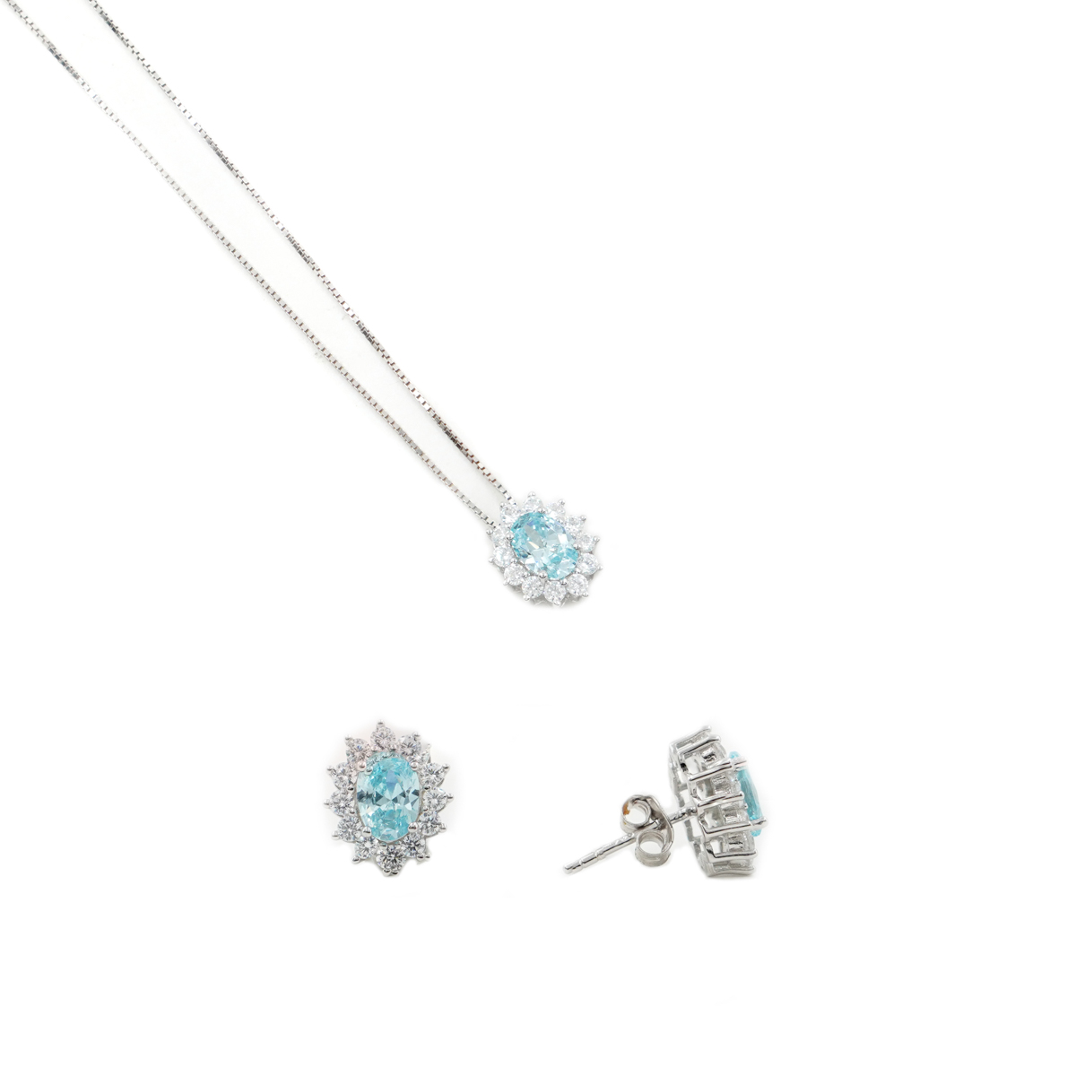 Orecchini e Collana halo in argento 925 con zircone ovale azzurro e giro di zirconi bianchi – Rodiato