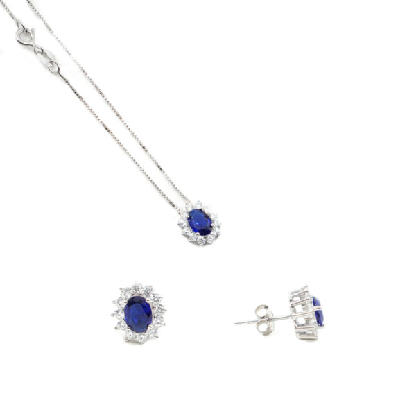 Sterling Silver halo model earrings and necklace with oval blue zircon and white zircons – Rhodium Color