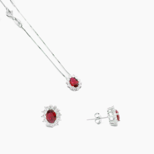 Sterling Silver halo model earrings and necklace with oval red zircon and white zircons – Rhodium Color
