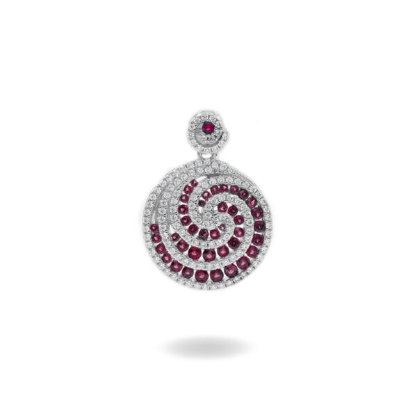 Sterling Silver Spiral pendant with red zircons and white zircons - Rhodium Color