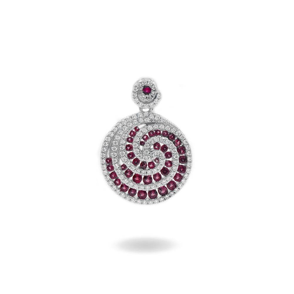 Sterling Silver Spiral pendant with red zircons and white zircons - Rhodium Color