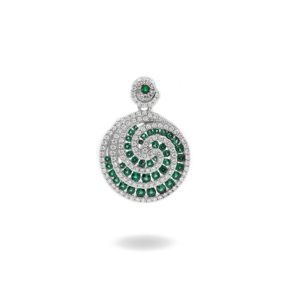 Sterling Silver Spiral pendant with green zircons and white zircons - Rhodium Color