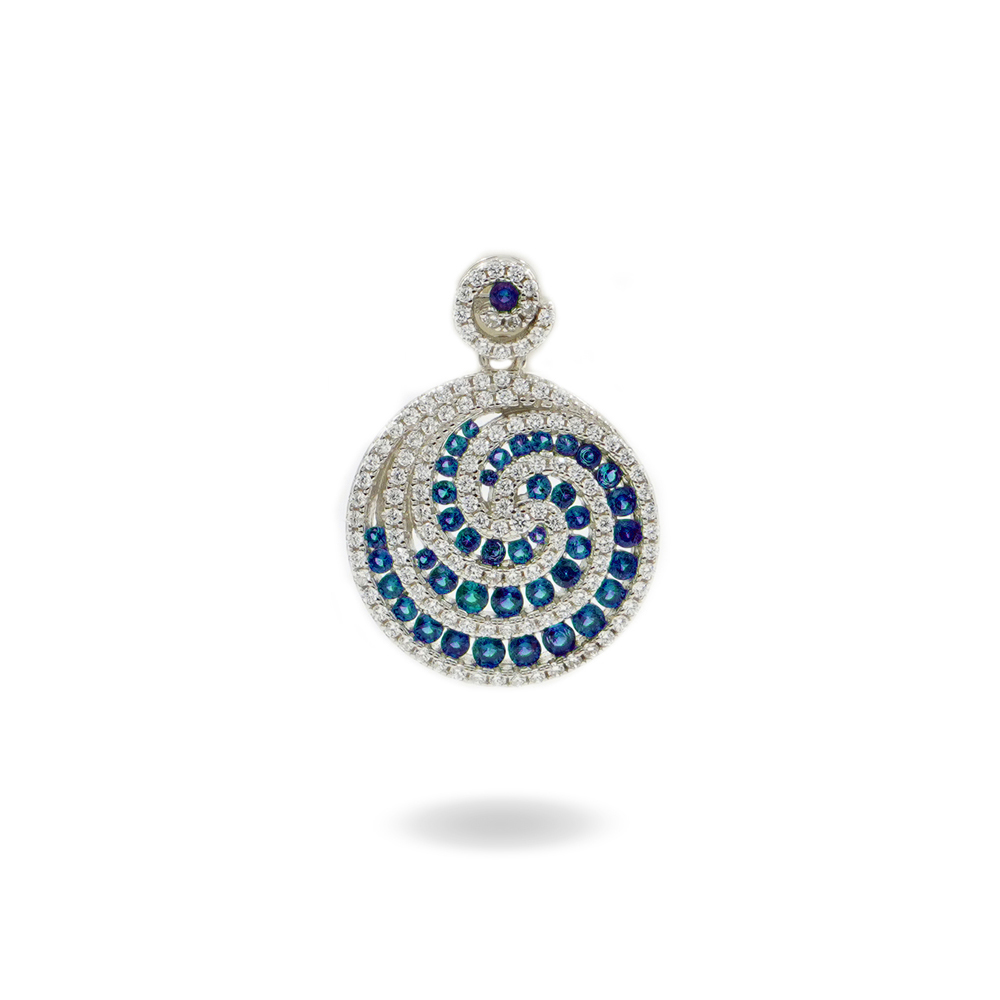 Sterling Silver Spiral pendant with blue zircons and white zircons - Rhodium Color