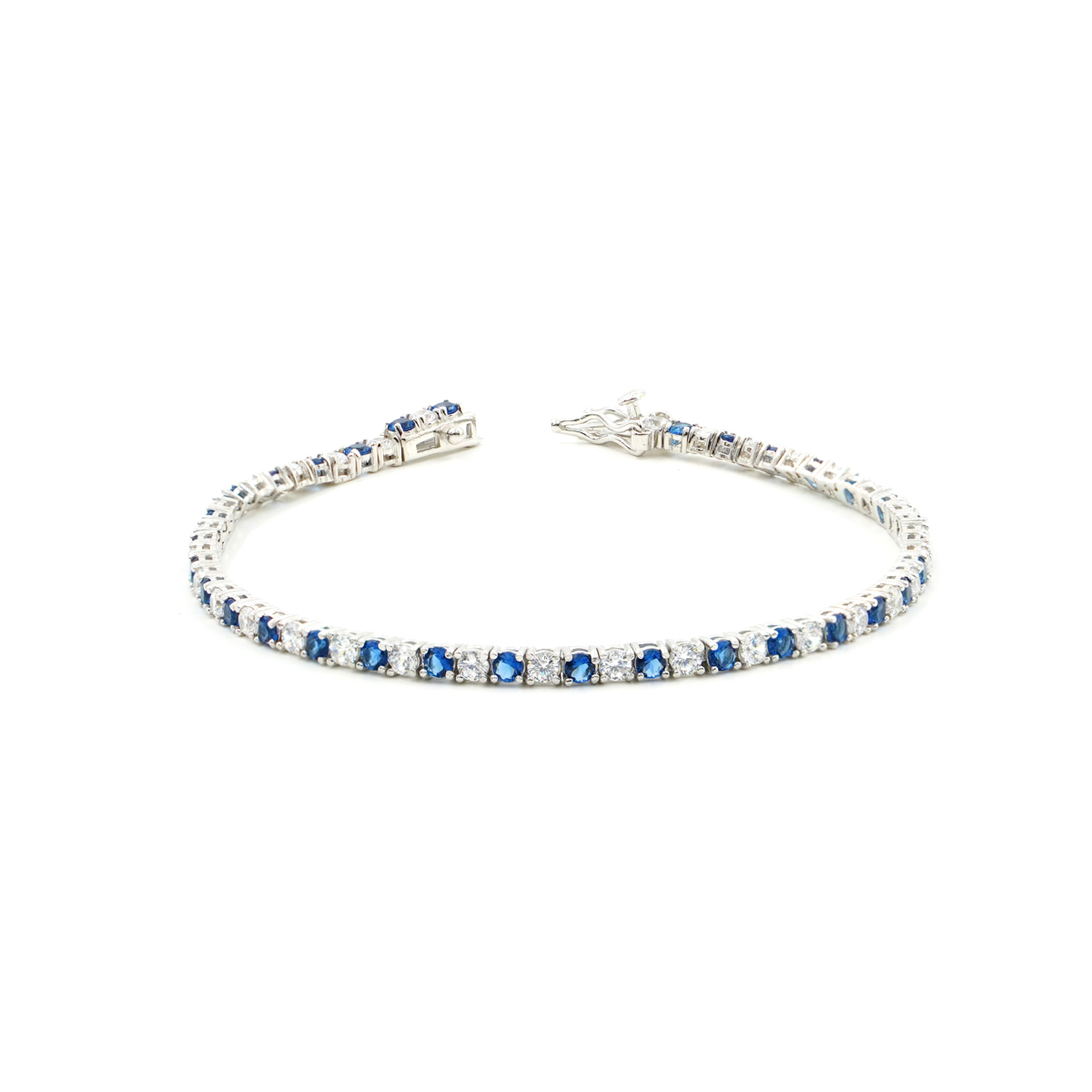 Sterling Silver Tennis bracelet with blue and white zircons 2,5mm – Rhodium Color – <em>Length 18cm</em>