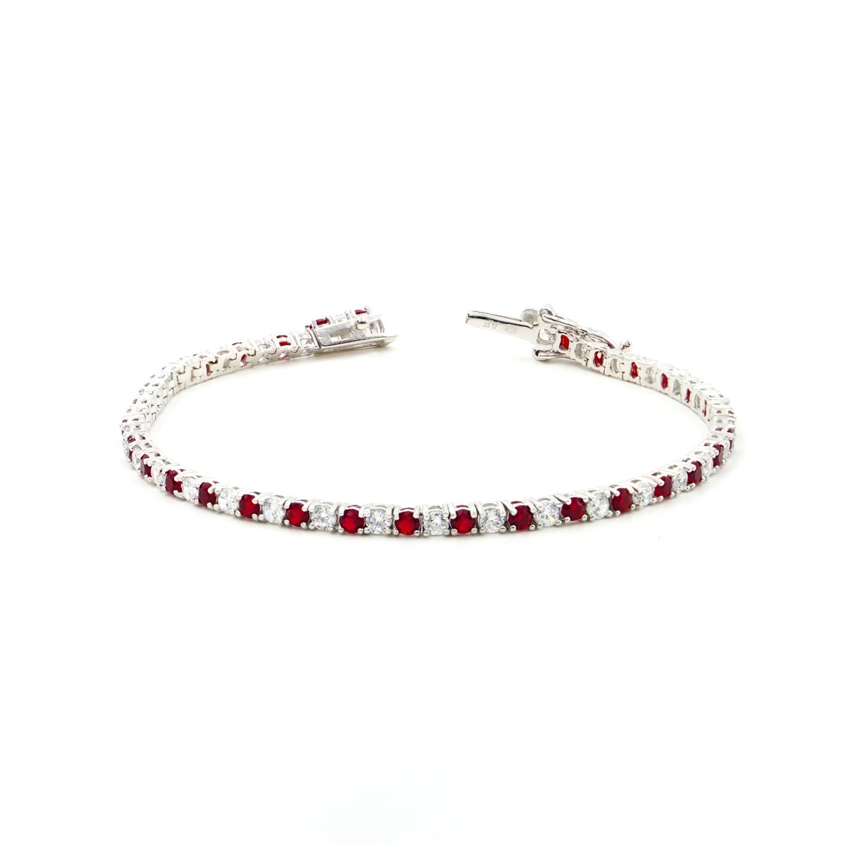 Bracciale Tennis in argento 925 con zirconi rossi e bianchi 2,50mm – Rodiato – <em>Lunghezza 18cm</em>