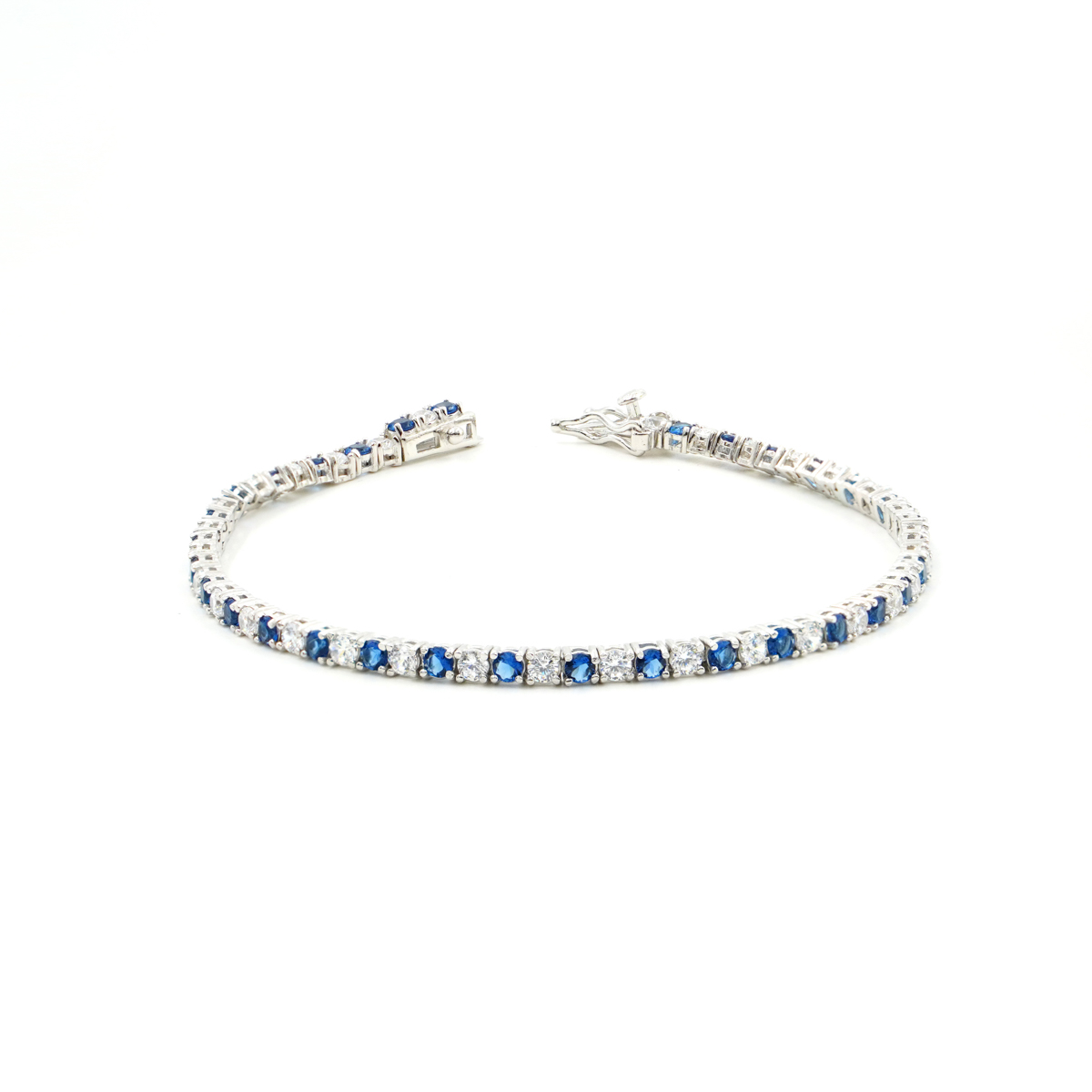 Sterling Silver Tennis bracelet with blue and white zircons 3mm – Rhodium Color – <em>Length 18cm</em>