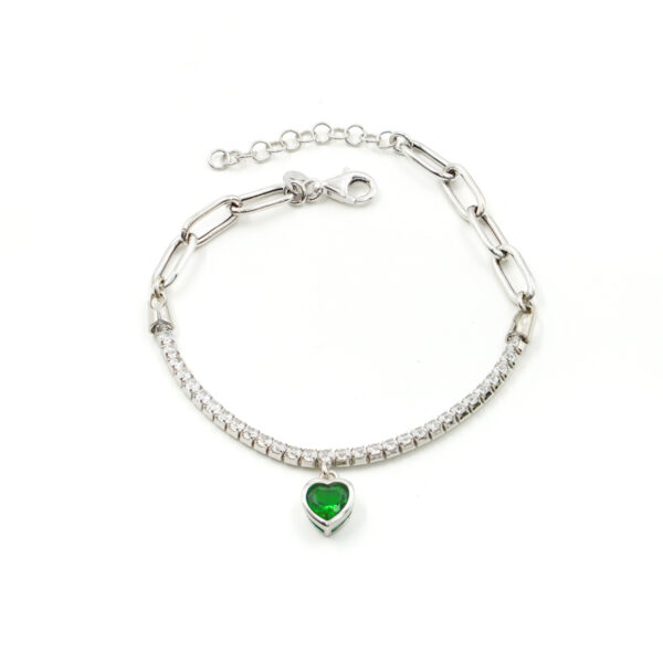 Bracciale tennis con catena in argento 925 e pendente con zircone cuore verde – Rodiato