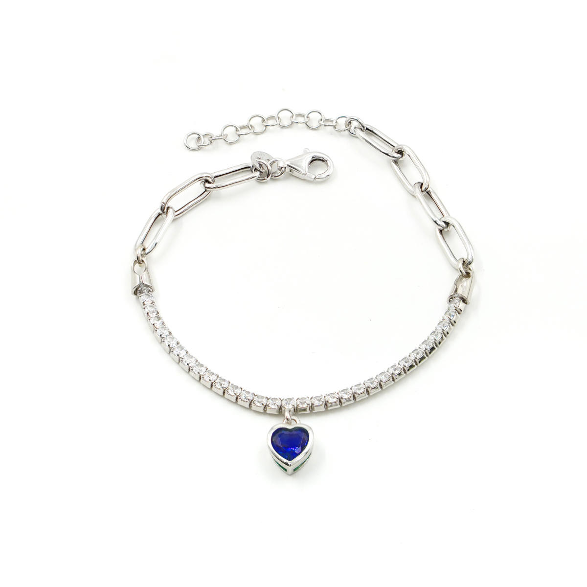 Sterling Silver Tennis bracelet with chain and heart shape element with blue zircons – Rhodium Color