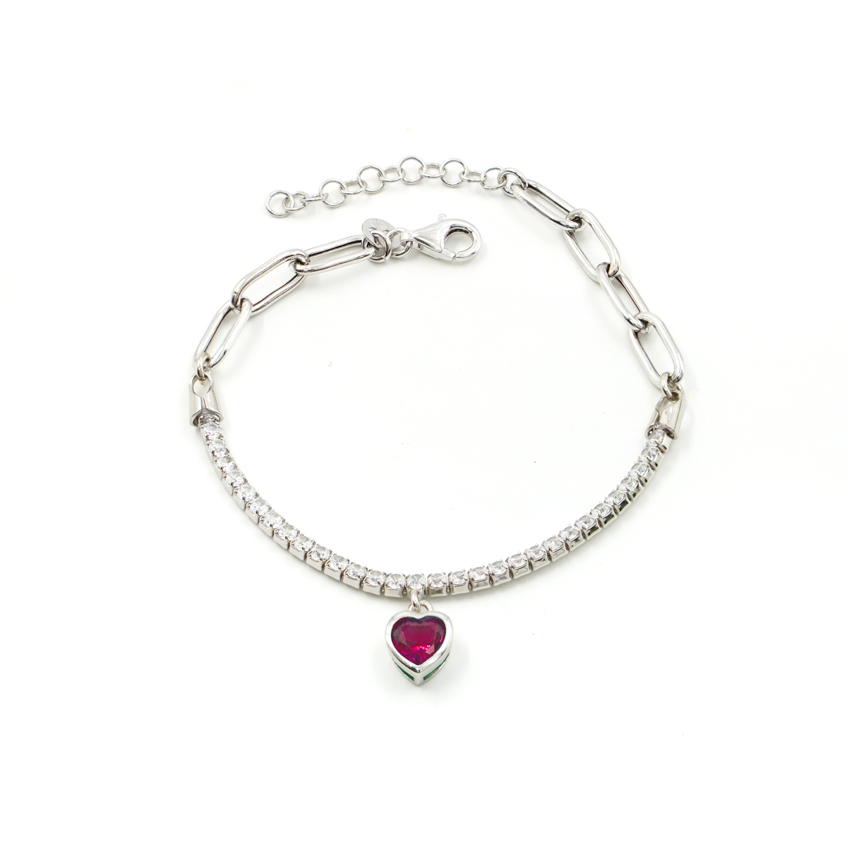 Sterling Silver Tennis bracelet with chain and heart shape element with red zircons – Rhodium Color