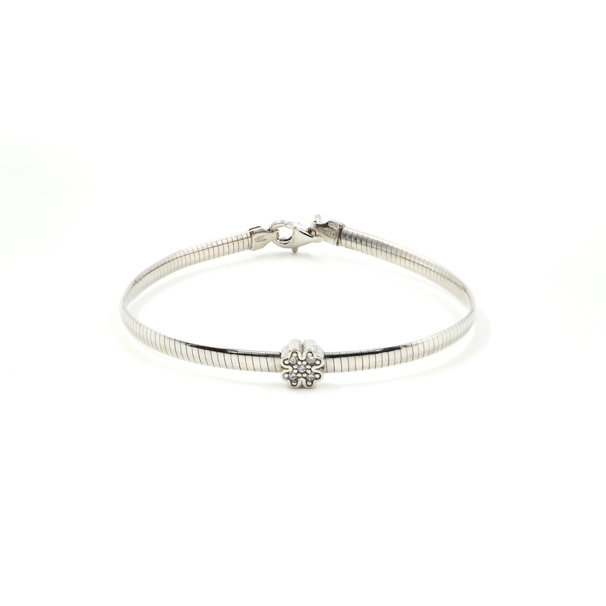 Sterling Silver snake chain bracelet with four-leaf clover element with white zircons – Rhodium Color