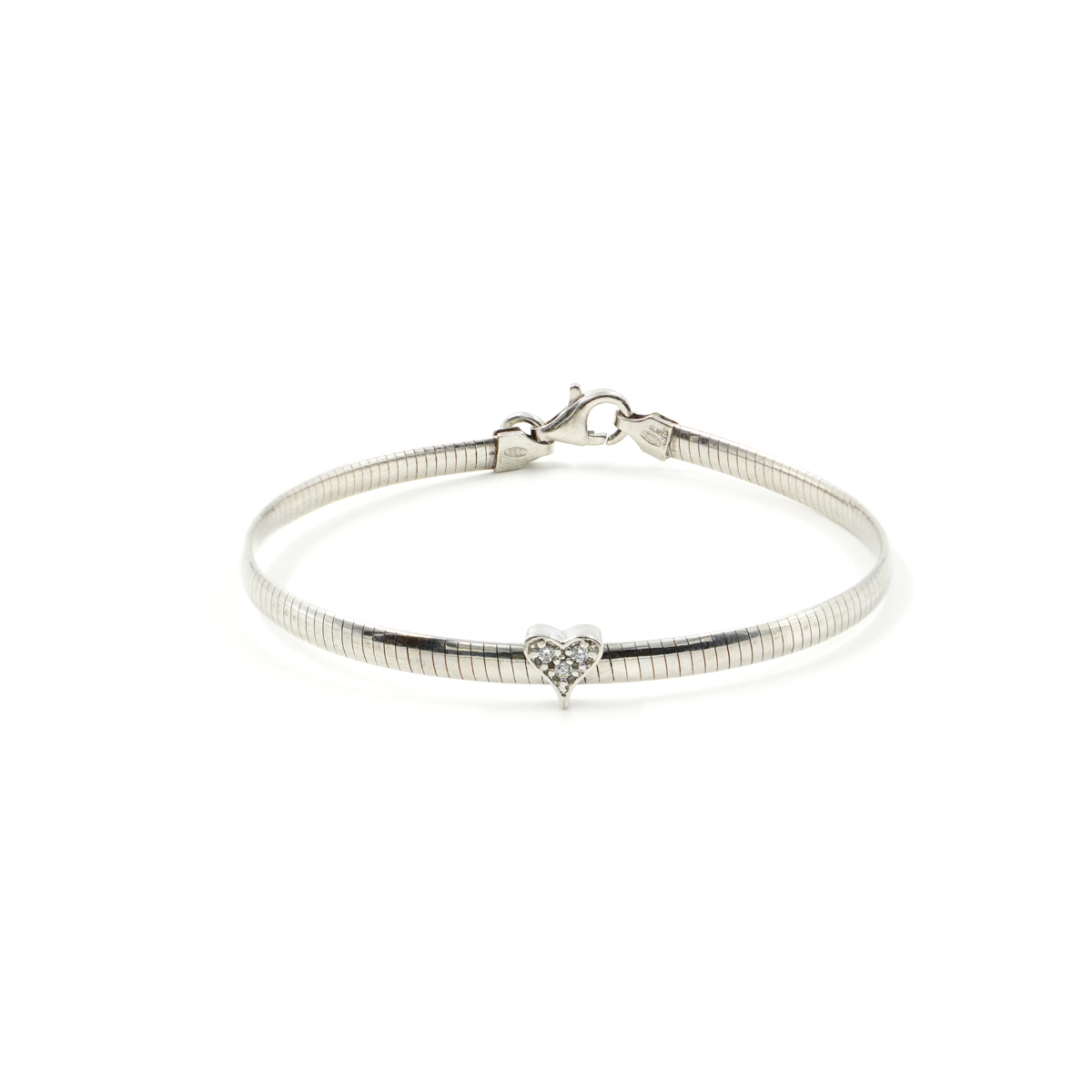 Sterling Silver snake chain bracelet with heart element with white zircons – Rhodium Color